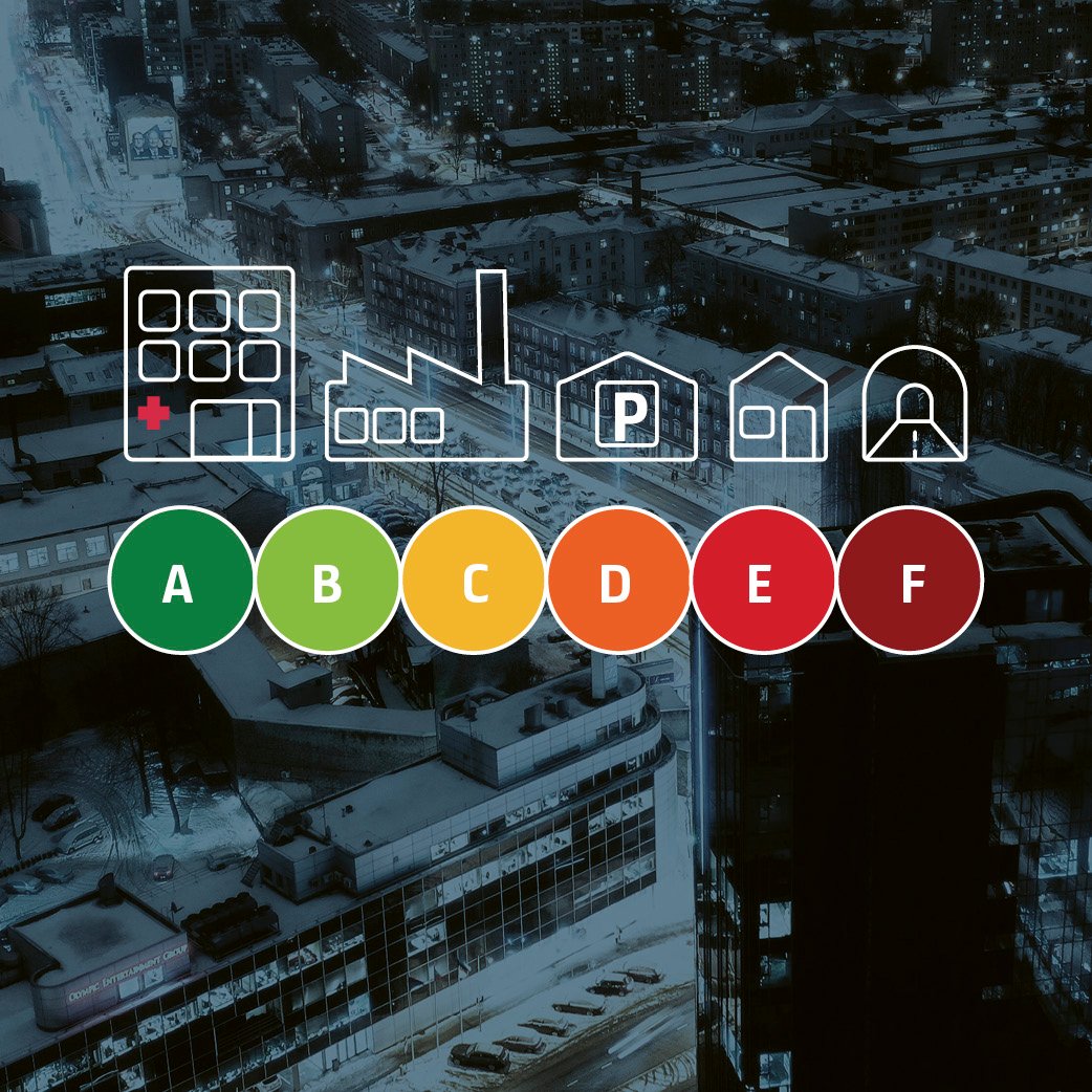 Graphic with buildings and letters